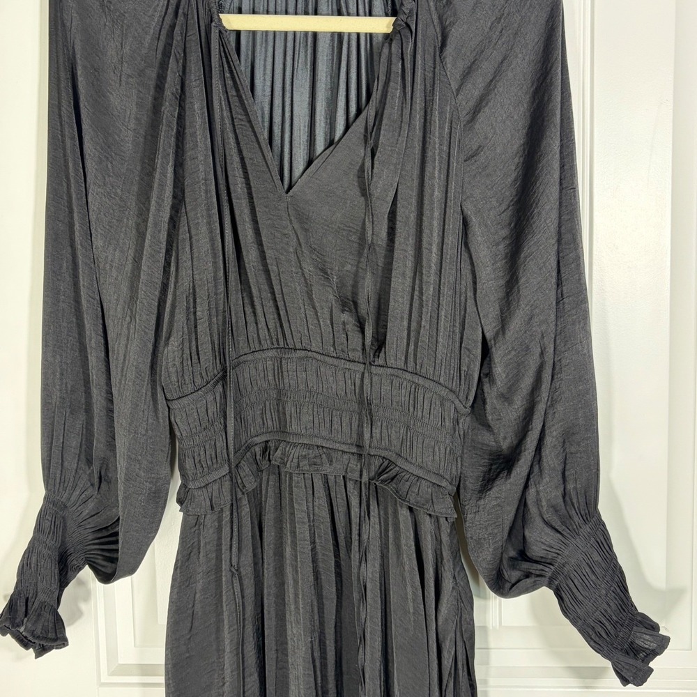 PINCH Black Satin Midi Dress Women's Medium Long Sleeve Ruched Smocked Waist